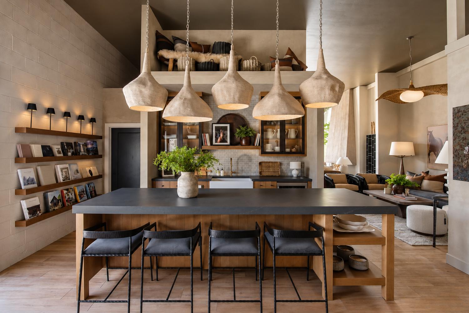 The island and book wall at the Kora Home Artistry showroom