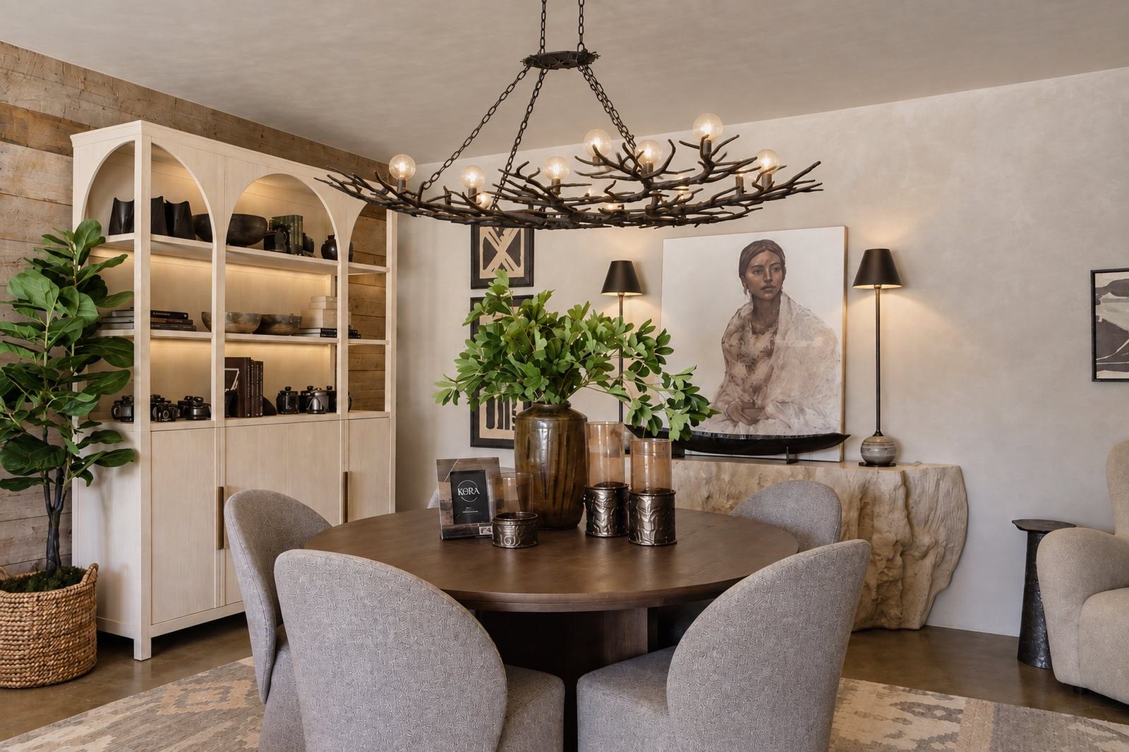 Dining vignette with round table and chandelier